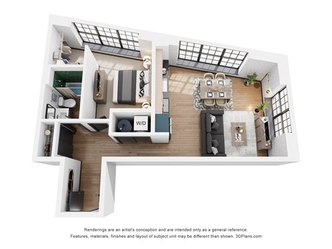 Floor plan for 1 bed, 1 bath, 725 sqft